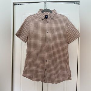 GAP Short-Sleeve Button-Down Shirt in Taupe Plaid